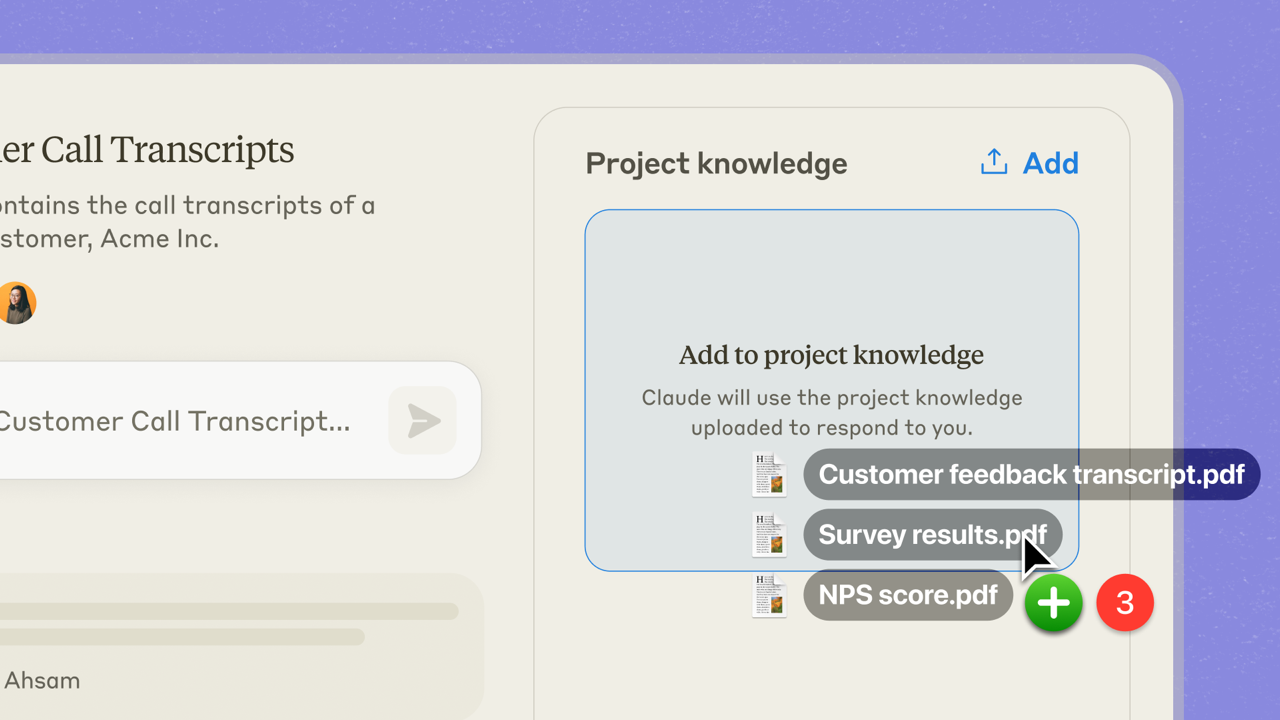 지식(Project knowledge)에 파일을 드래그해 올리는 화면